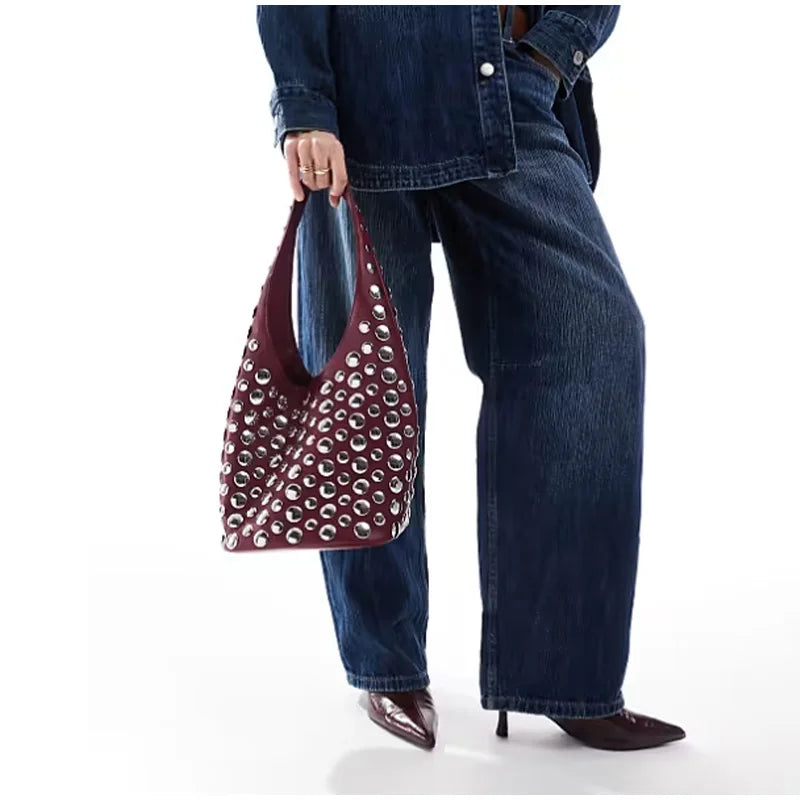 New Rivet Series Bucket Bag Motorcycle Texture Trendy Handbag Tortoise Shell Sequins Versatile Simple Fashion Soft Bag Lady Bag