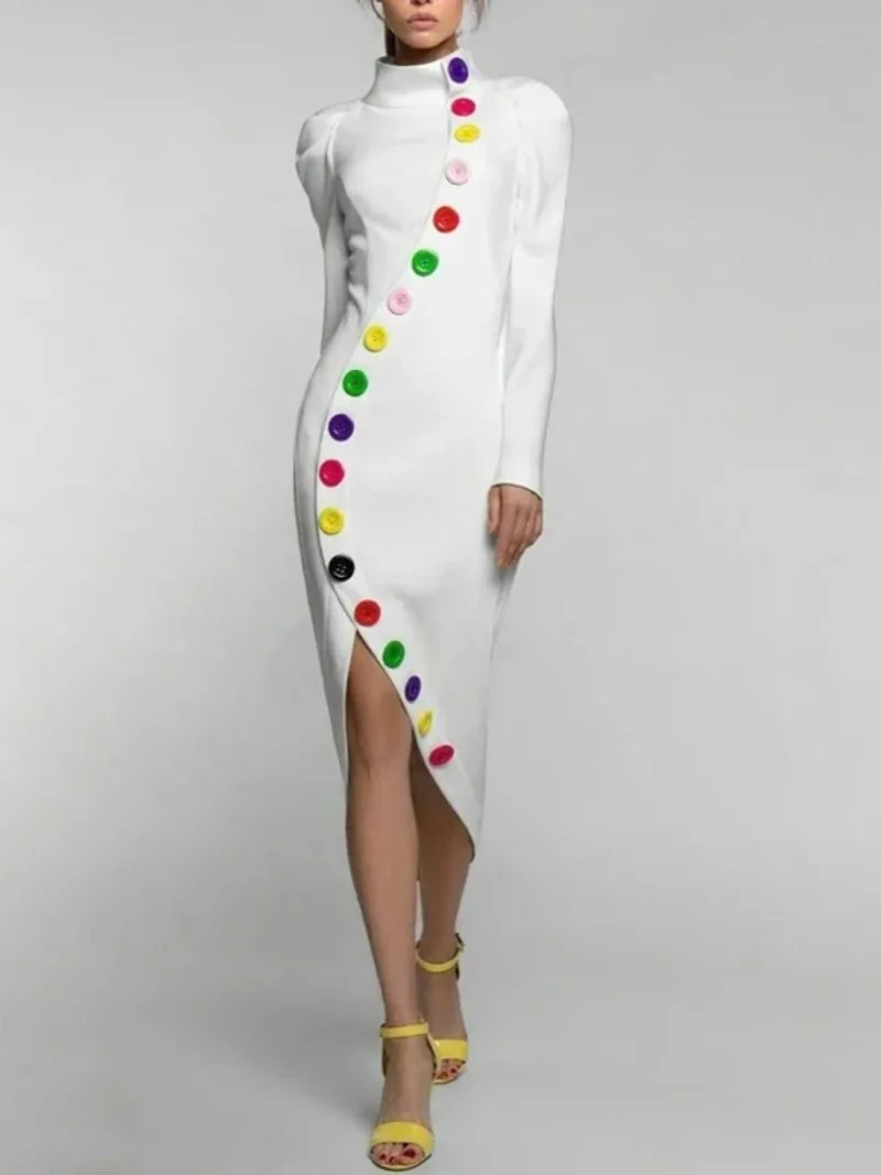 Beautyblue Elegant Woman Ceremony Dress Midi Dresses Fashion Buttoned Contrast Color Long Sleeves High Neck White Winter Dress