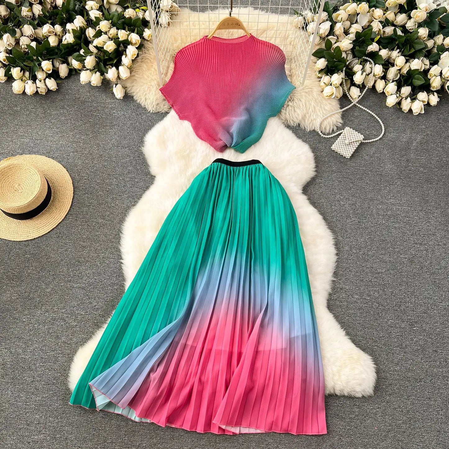 Summer Contrast Color Miyake 2 Pieces Set Women's Short Sleeve High Stretch Pullover Shirt Top+Long Pleated Chiffon Skirt Suit