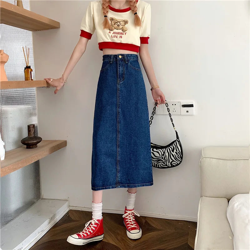 New 2022 Spring-Autumn Medium-Length Denim Skirt For Women High-Waisted Slimming Plus Size Curvy Girls A- Line Hip Covering Skir