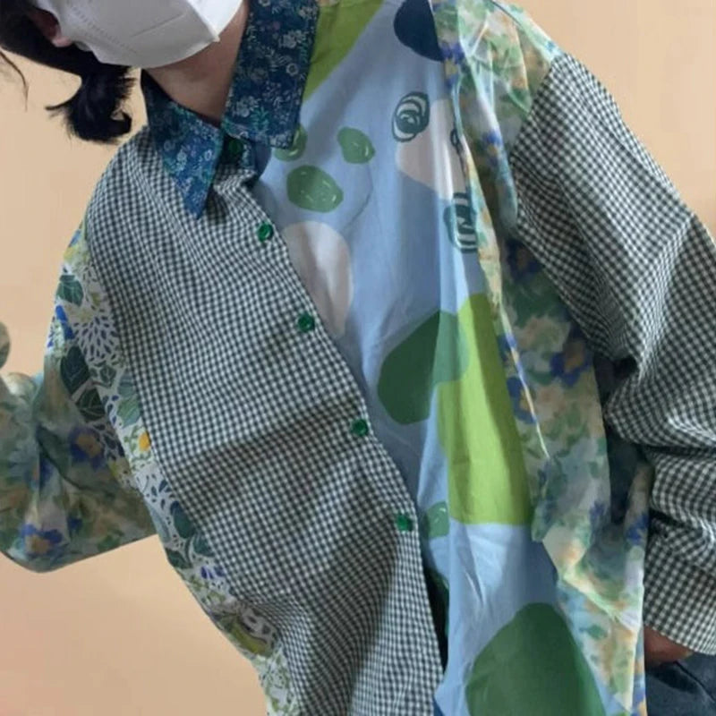 Japanese retro stitching printed long-sleeved shirt female autumn fashion design sense niche loose slim Joker temperament shirt