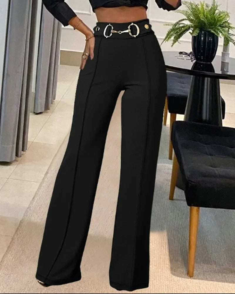 Fashionable High-Waisted Metal Buckle Decorated Solid Color Women's Straight-Leg Trousers New Style Independent Station Clothing