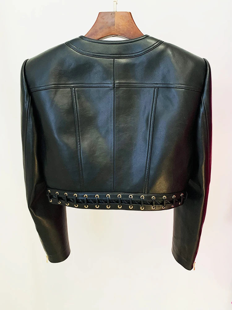 HIGH STREET Newest Fashion 2025 Designer Blazer Women's O-neck Rope Lace-Up Trimmed Artificial Leather Jacket
