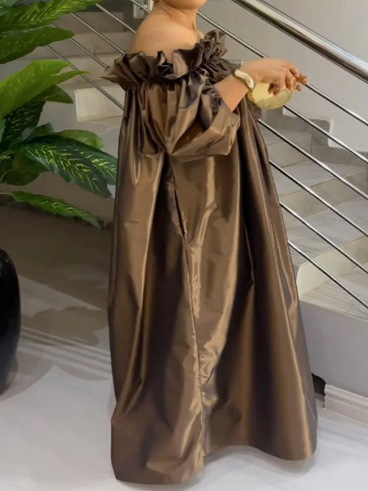Beautyblue Plus Size Dresses Women Off-the-shoulder Maxi Dress Loose Elastic Puff Sleeve Oversized Brown New Elegant Robe Female