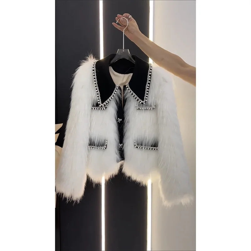 High end Heavy Industry Nail Bead Imitation Fox Fur Grass Coat for Women's Autumn and Winter 2024 New Unique Warm Top Jackets