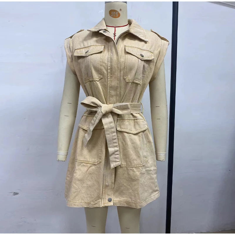 Vintage Women's Short-sleeve Denim Dress Button-front Lapel With Belt Casual Workwear Elegant Female Vestidos Summer 2025