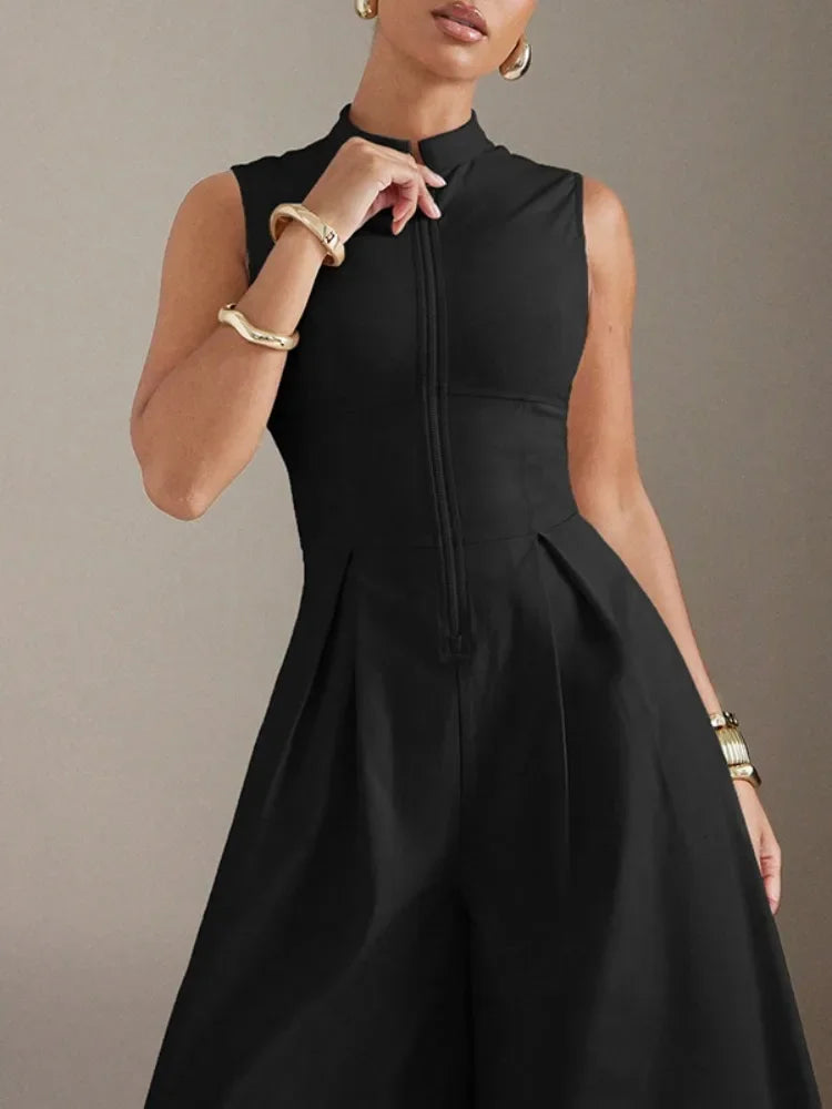 Beautyblue Female Jumpsuit V-neck Wide-leg Overalls Fashion Sleeveless Zipper Brown Formal Clothes Women's One-piece Jumpsuits