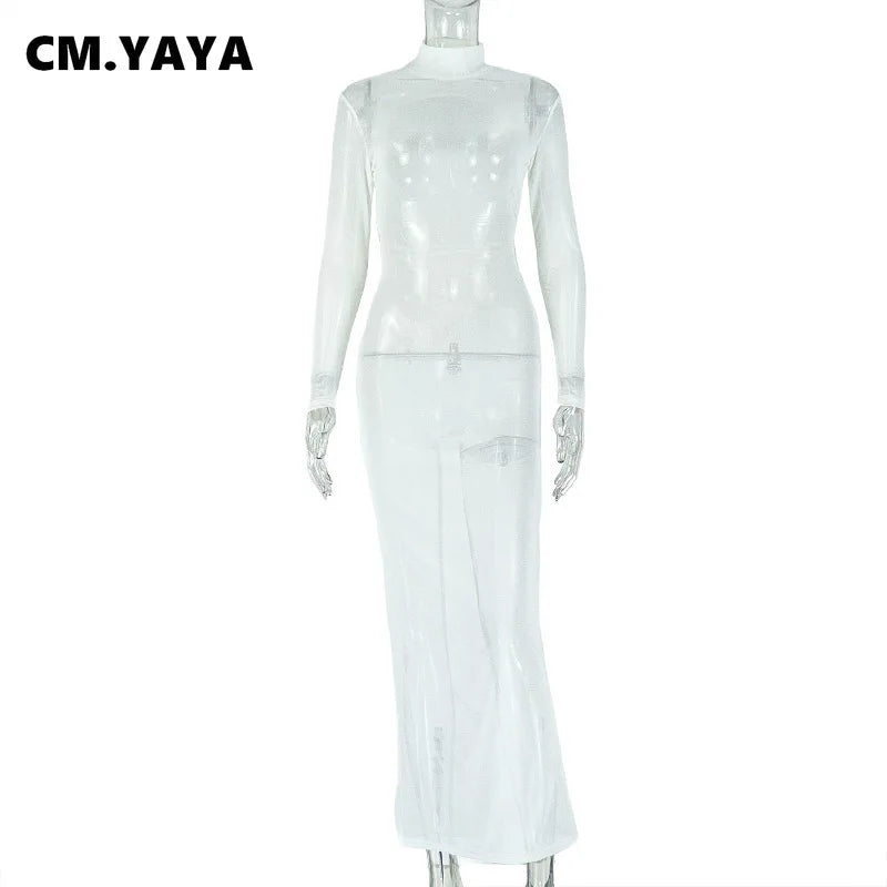 CM.YAYA Women Full Sleeve Mesh See Through Maxi Long Dress 2025 Summer Backless Night Party Birthday Evening Dresses Vestidos