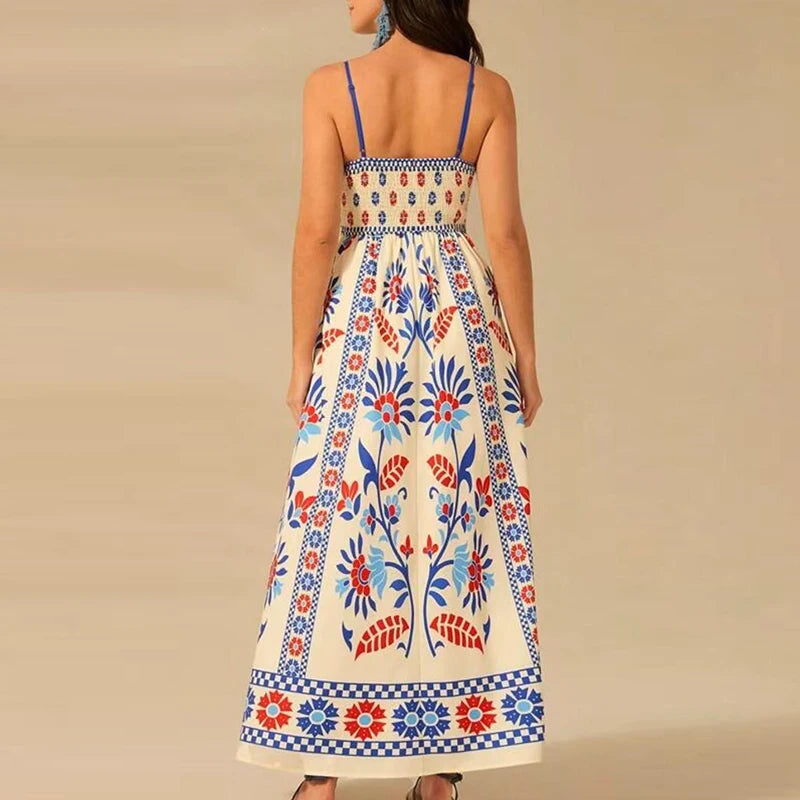 Sexy Women's Off Shoulder Summer Long Dress Casual Bohemian Pleated Sling Dress Graffiti Printed High Waist Beach Dress Vestidos