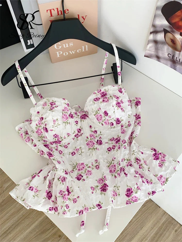 French Corset Print Ruffle Strap Tank Top for Women