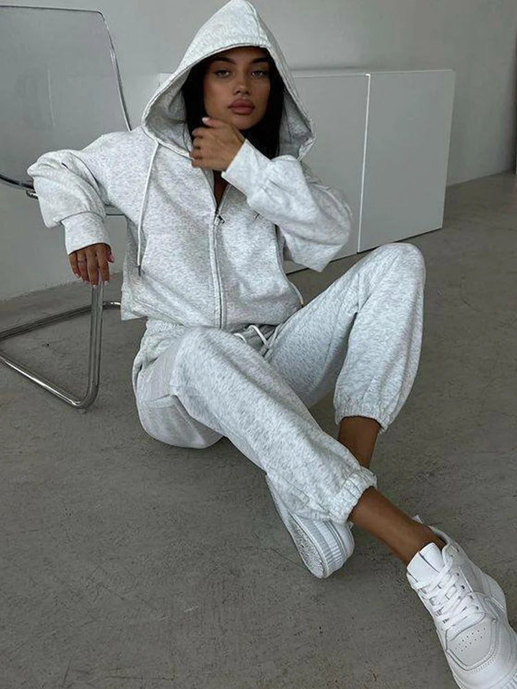 FSMG Casual Hooded Zippers Sweatshirts Pants Set Long Sleeved Cardigan Lace-up Sportswear Two Pieces Set Female Tracksuit Suit