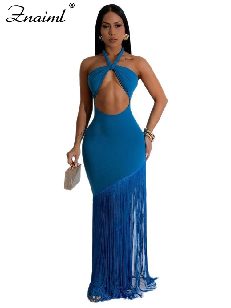 Znaiml Sexy Halter Backless Tassel Bodycon Blue Maxi Dress for Women Elegant Celebrity Birthday Party Evening Prom Formal Robe