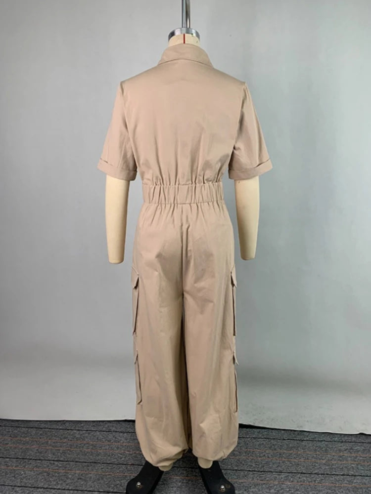 Beautyblue Women Cargo Jumpsuits Summer Business Casual Outfits Buttoned Pockets Lapel Loose Elegant Khaki Cargo Romper Female