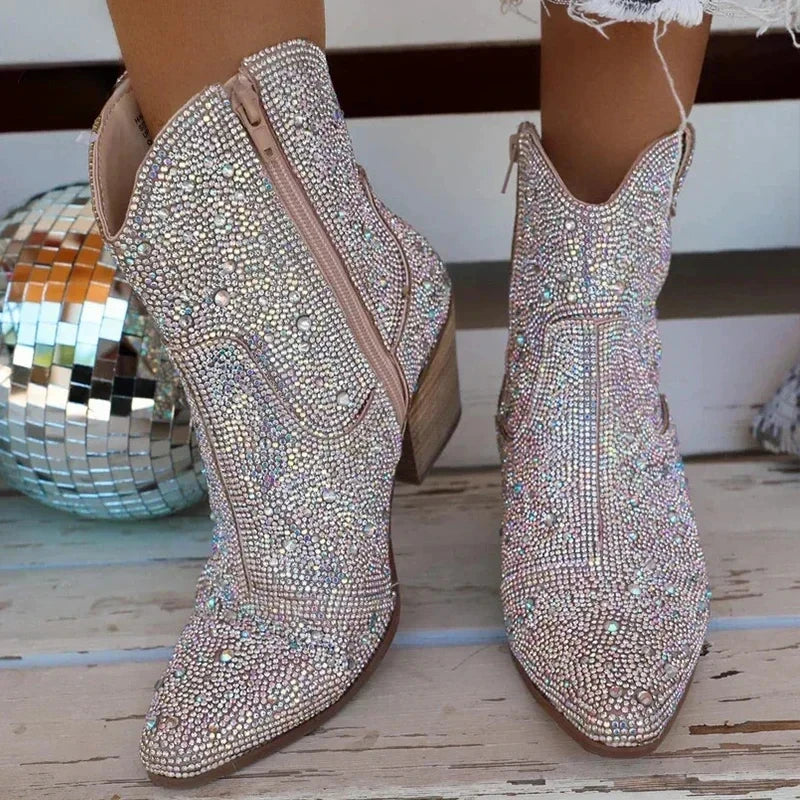 Glitter Western Ankle Boots With High Heels for Women