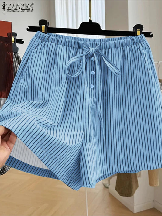 ZANZEA Woman Fashion Striped Shorts 2025 Summer Lightweight Elastic Waist Lace-Up Short Trousers Casual Loose Day Wear Bottoms