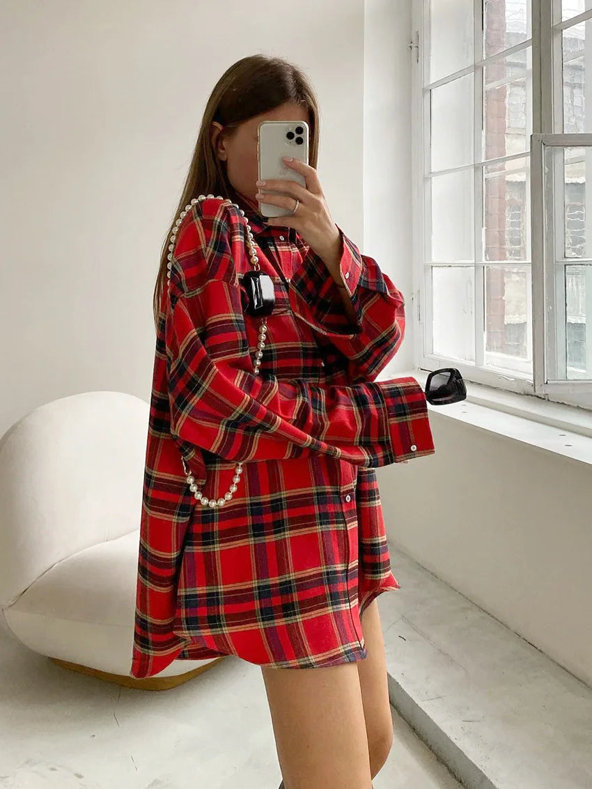 FSMG-Versatile Plaid Shirt For Women, Red Bright Grid, Oversized Blouse, Leisure And Fashionable Top, Spring And Autumn Seasons