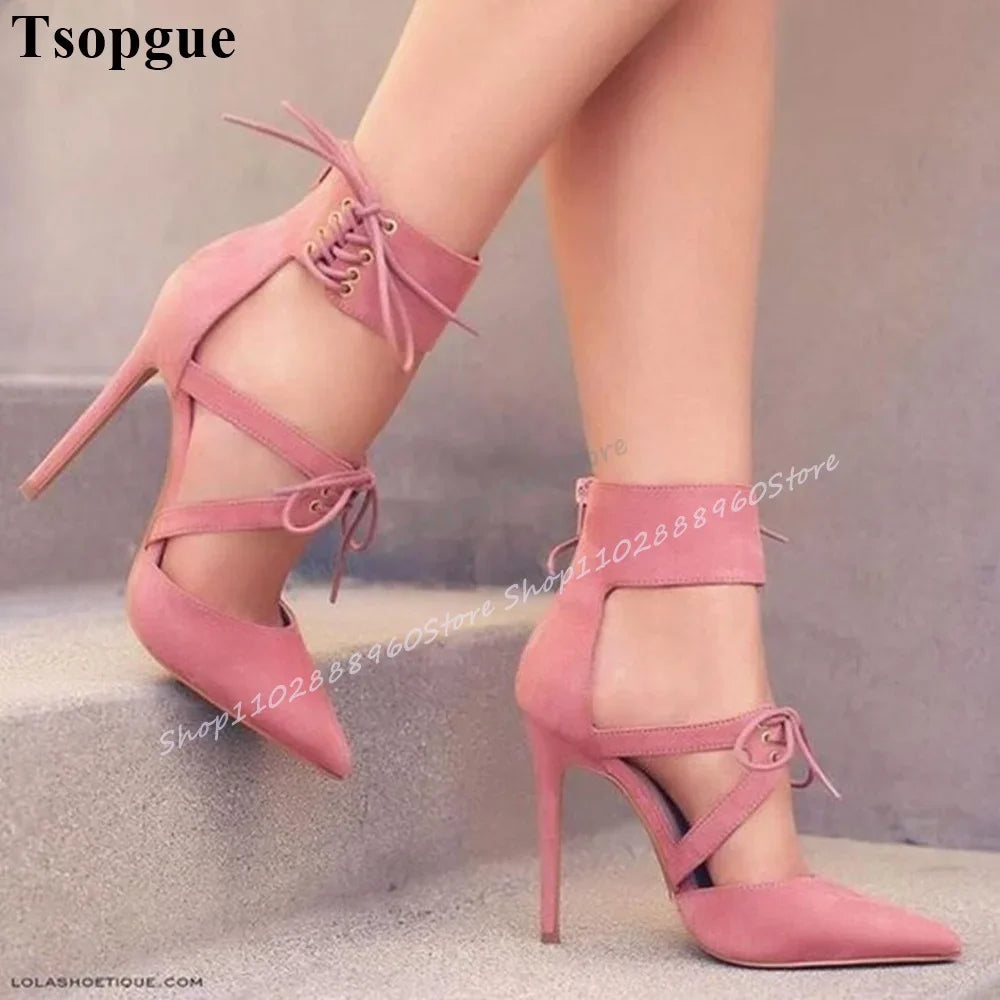 Stylish Pink Flock Cross Tied Sandals Thin High Heel Shoes For Women Back Zipper Pointed Toe 2025 Fashion Zapatos Para Mujere