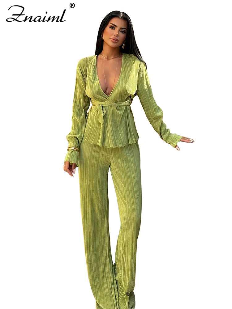 Znaiml Elegant Pleated Two 2 Piece Sets Women Full Sleeve V-neck Belt Tops and Wide Leg Pants Office Lady Outfits Vacation Suits