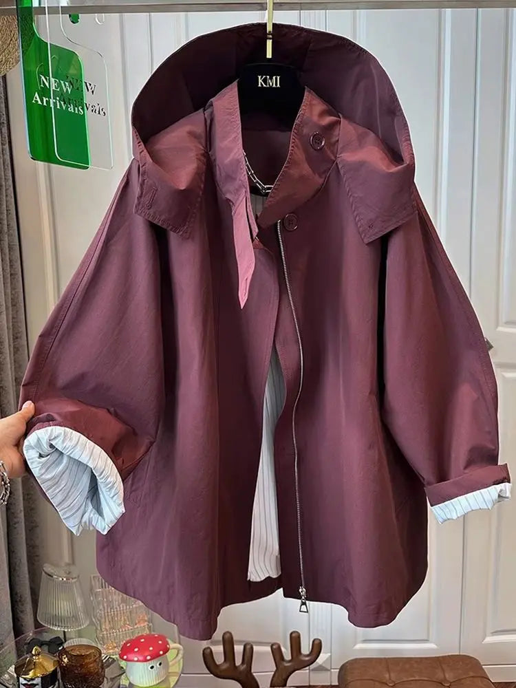 Fem Cotton Trench Coat For Women Casual And Versatile Loose And Slimming Autumn Simple Hooded Long Jacket For Women Windbreaker