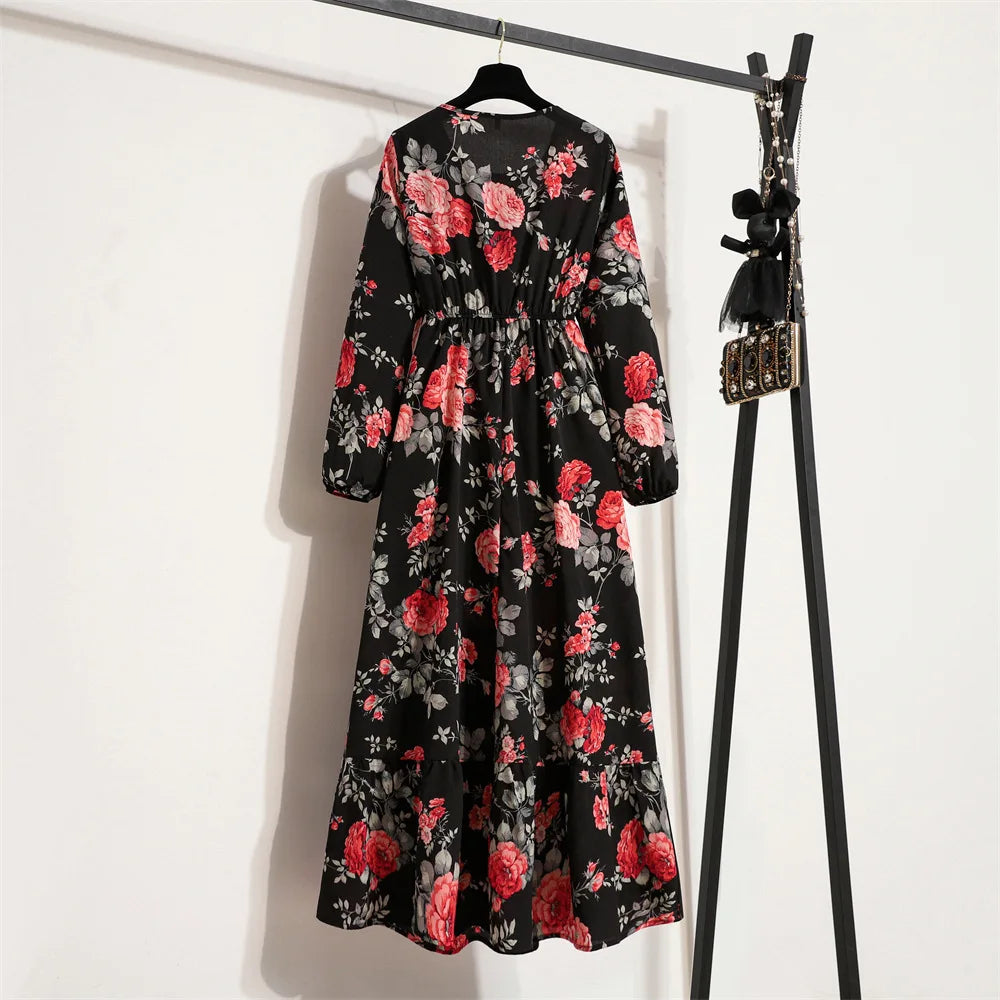 Women Floral Printed Maxi Dresses Spring Summer Casual O Neck Full Sleeve High Waist A Line Boho Beach Party Long Dress Vestidos