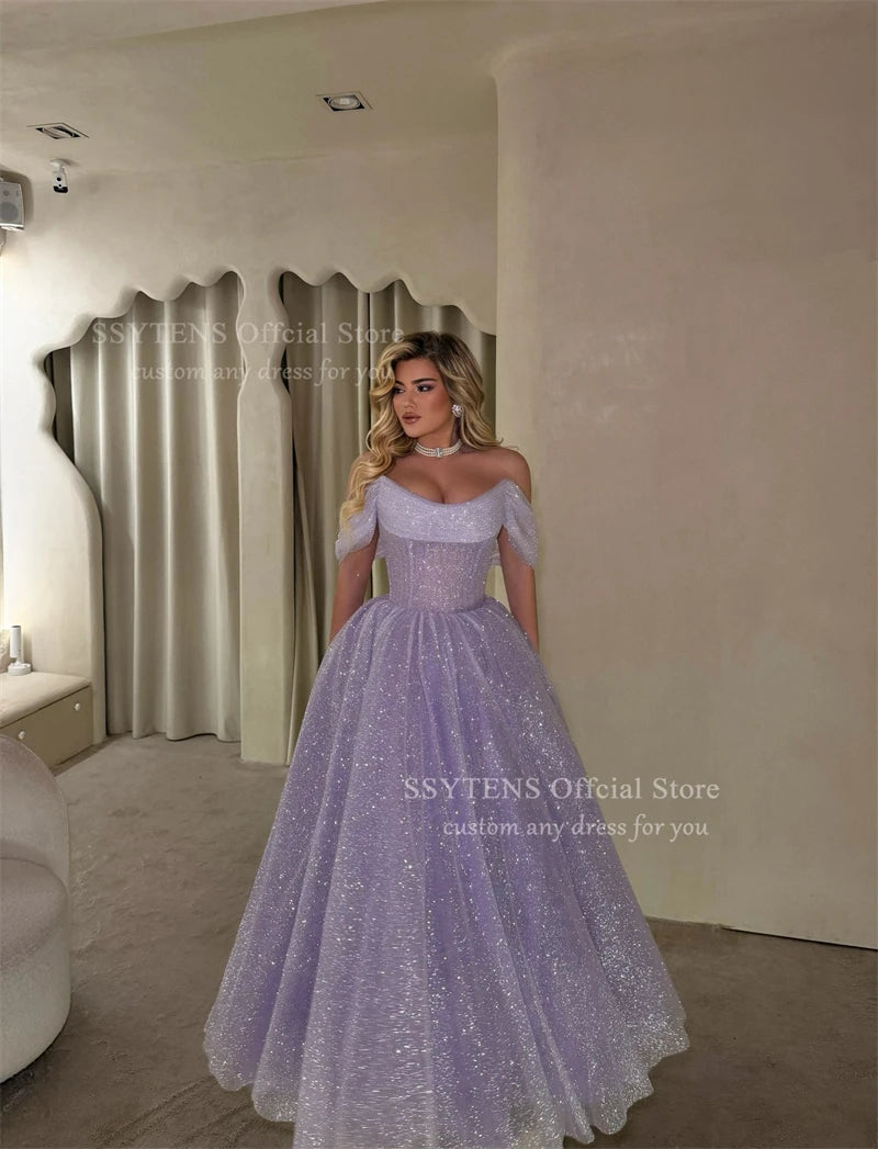 Glitter Lavender Off-Shoulder A-Line Evening Dress for Women