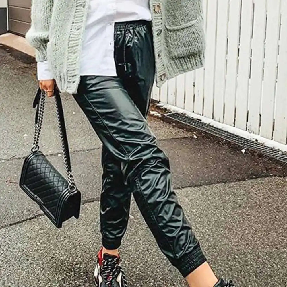 Sexy black high waist PU leather pants women fashion streetwear baggy pants trousers woman clothing gothic casual harem pants