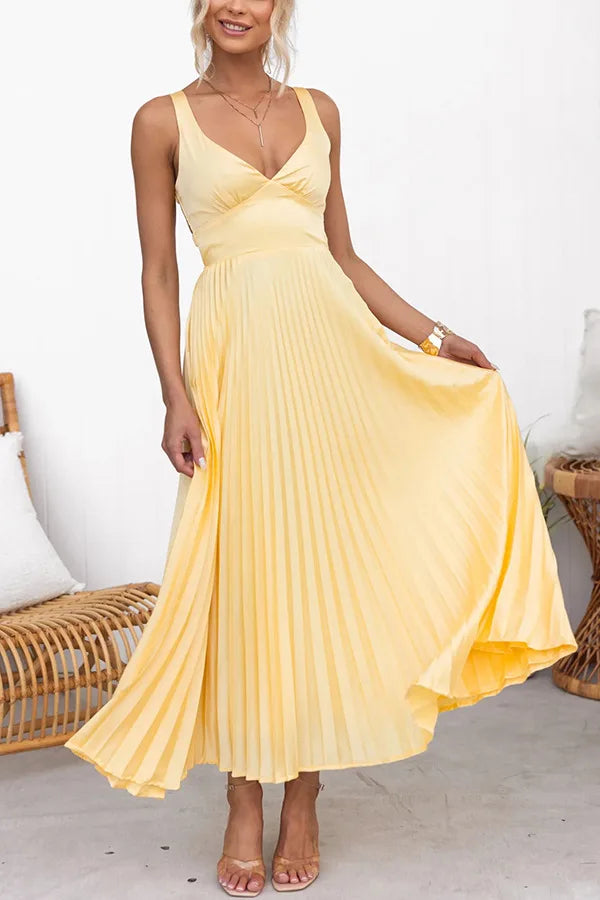 Fashion V-Neck Holiday Long Dress Summer Elegant Strap Loose Solid Sleeveless Party Dress Women High Waist Solid Pleat Dresses