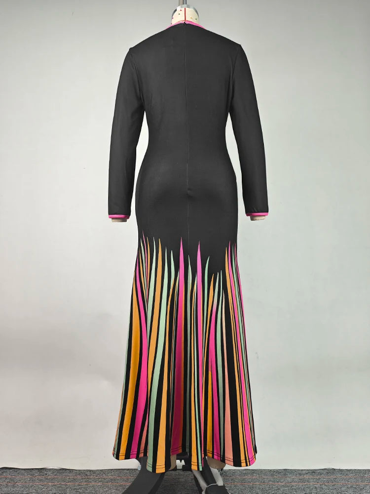 2025 Ladies Bodycon Dress V-neck Long Sleeves Colorful Striped Evening Dresses for Women High Waist Pleated Dress