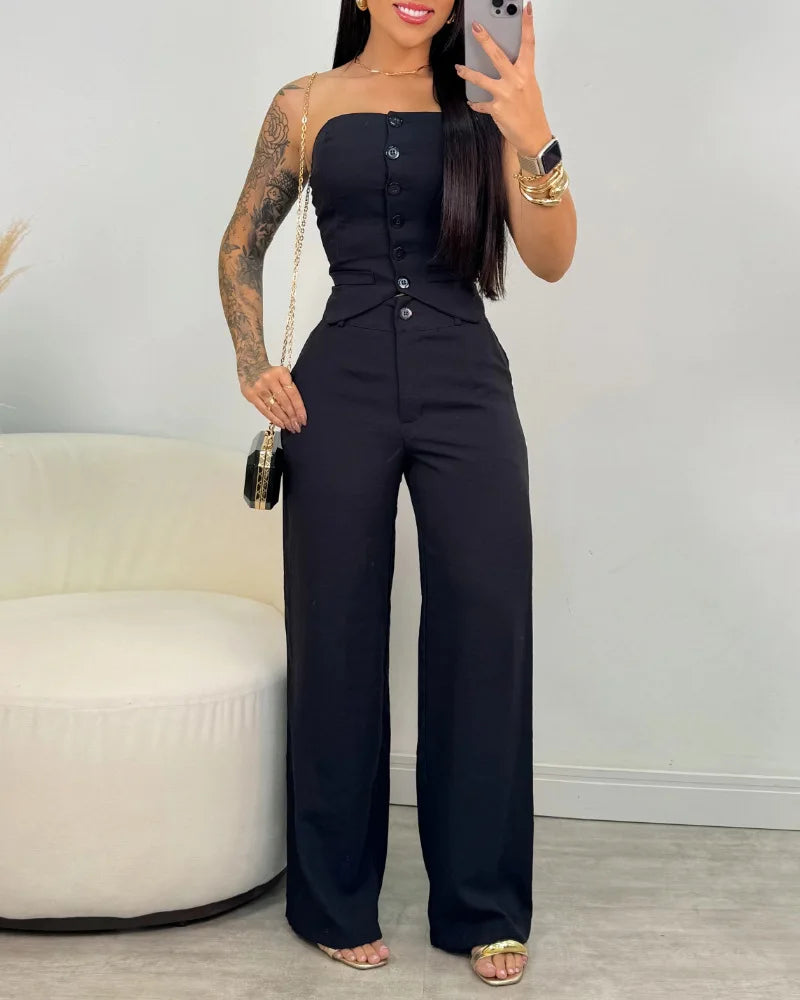 Women Fashion Sexy Summer 2 Pieces Outfit Bandeau Button Decor Vest Top & Casual Wide Leg Pants Set