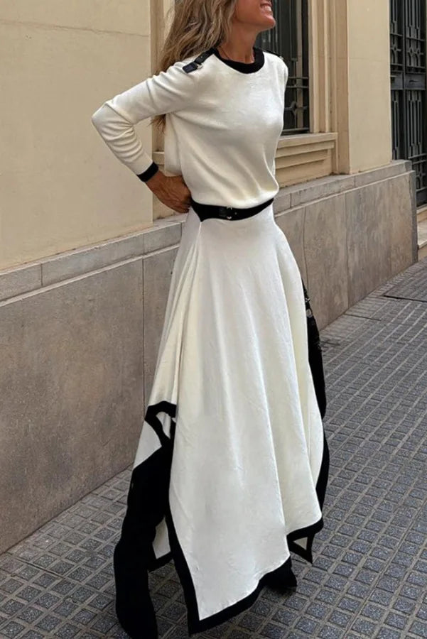 Women Casual Long Sleeve 2Pc Set Fashion Color Blocked Loose 2Pc Outfits Elegant O-neck Pullover Top & lrregular Long Skirt Suit