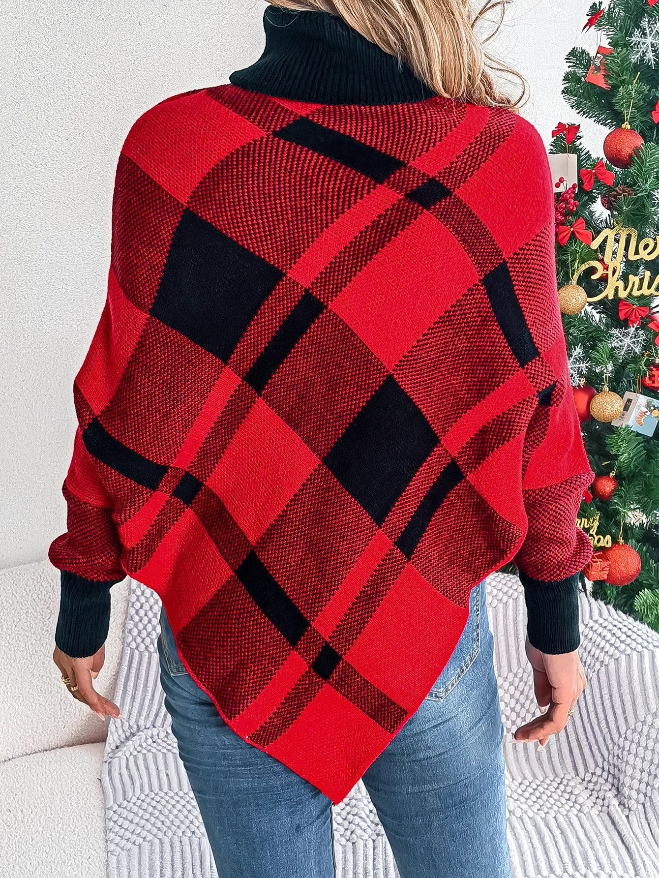 Casual Christmas Sweater Women Clothing Color Contrasting Checkered High Collar Long Sleeve Hooded Tops Y2k 2024 Autumn/Winter