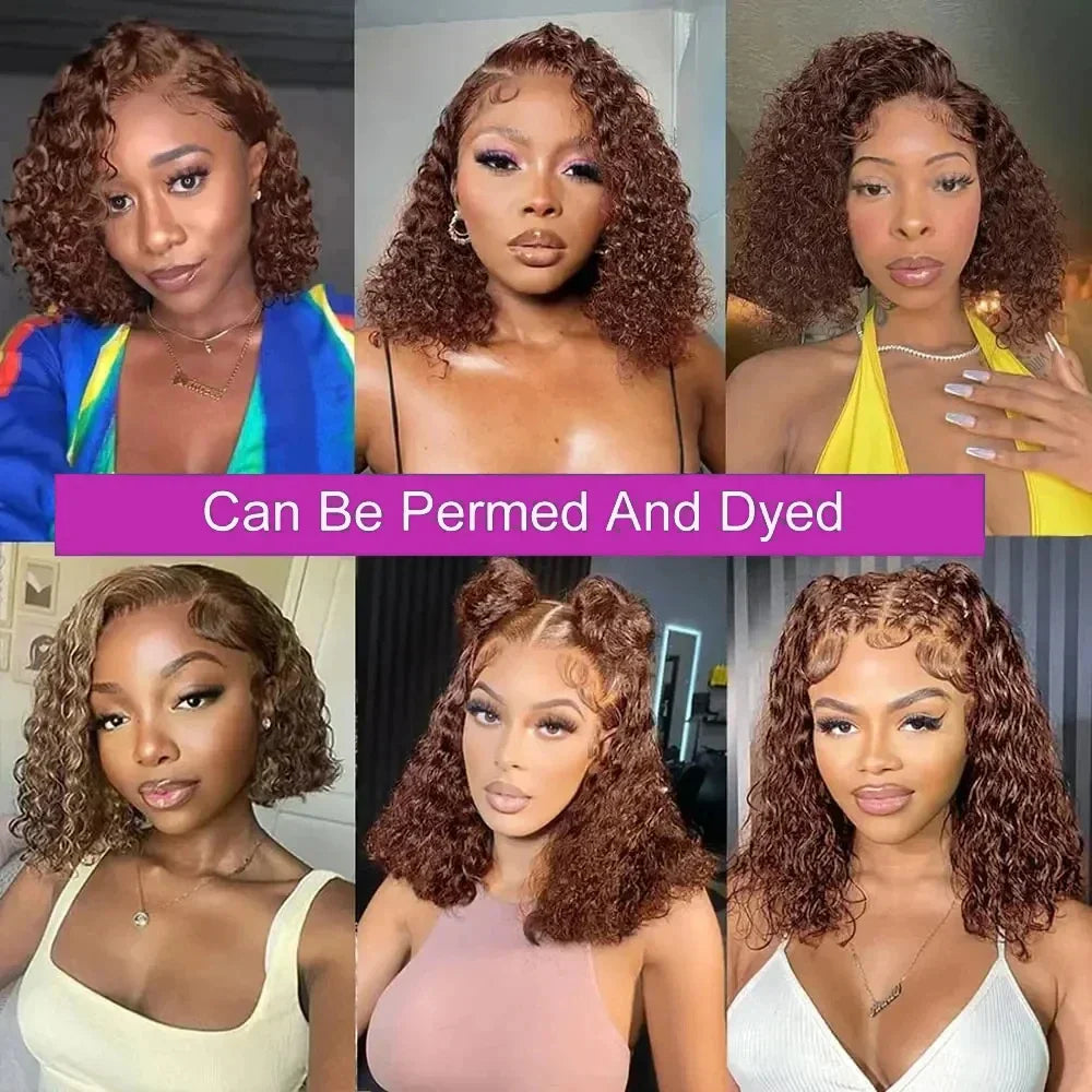 Brown kinky Curly Short Bob Wig 13x4 4x4 Bob Wigs Brazilian Water Deep Wave Human Hair Wig Preplucked For Woman Short Pixie