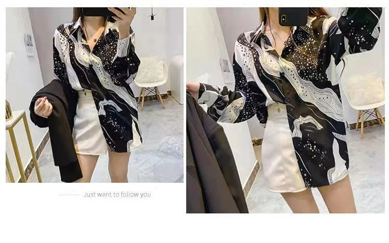 Shirt Women's Design Sense Niche Long-Sleeved Blousers 2025 Spring And Autumn Korean Retro Buttton Chiffon Shirt Top Printed 102
