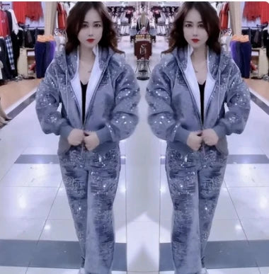 Fashion Velvet Casual Suit Winter Clothes New Sweet Sequins Hooded Fur Collar Sweatshirt Wide Leg Pants Ladies Two-Piece Set