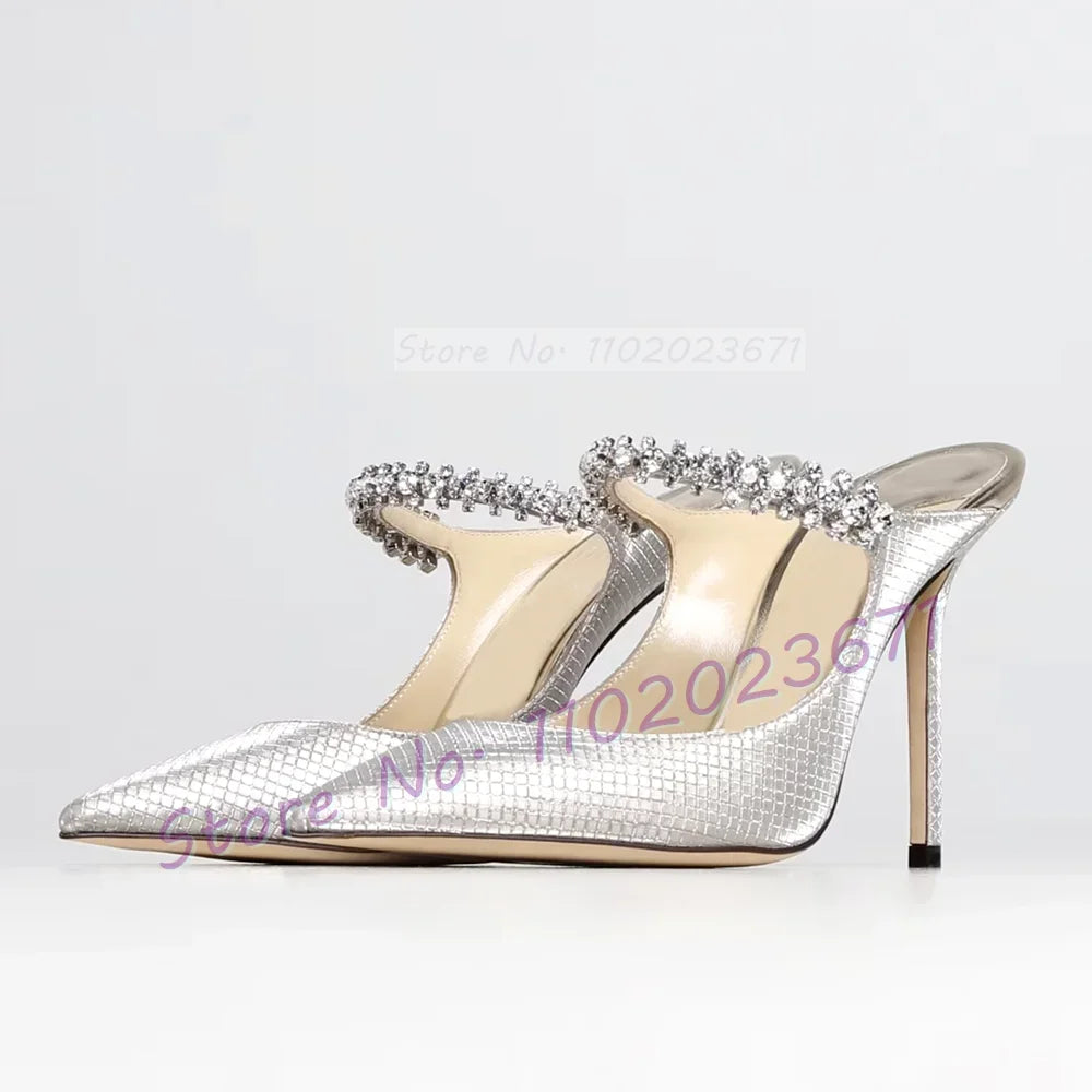 Metallic Silver Rhinestone Arch Strap High Heel Mules for Women