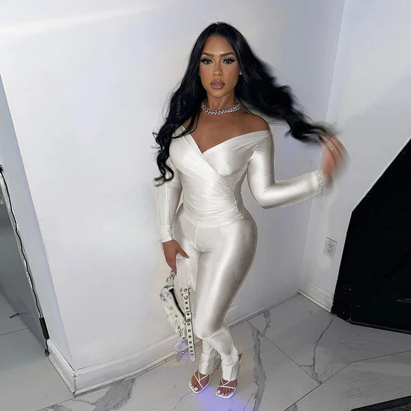 2025 Spring/Summer Women's Sexy Off Shoulder Big V-neck European and American Style High Waist Tight Pants Casual Sports Set