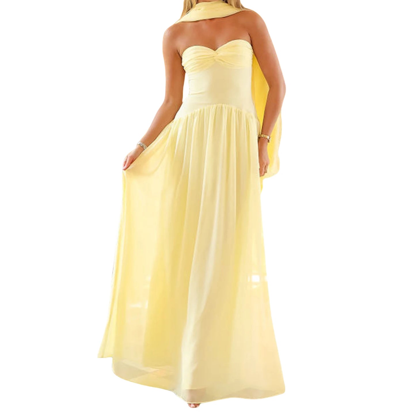 Women Long Dress Solid Color Tube Dress Summer Fashion Backless Casual Strapless Dress with Choker Scarf