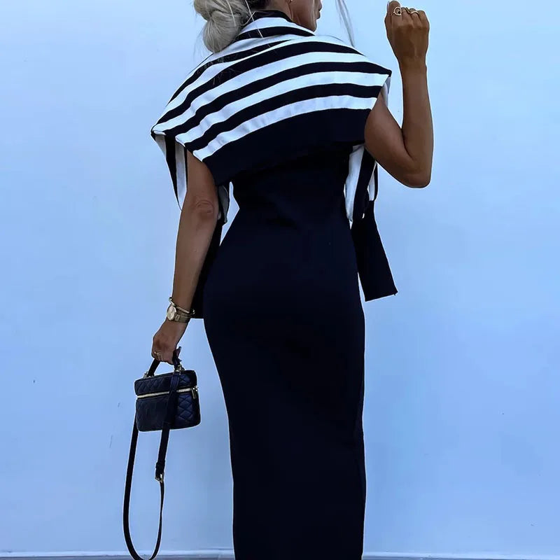 2025 New Autumn Striped Loose Pullover Women's Suit Sexy V-neck Sleeveless Dress Two-piece Set Casual Knitted Slim Fit Outfits