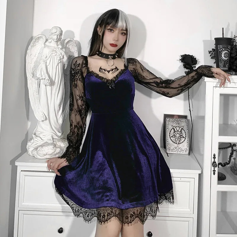 Y2K Hollow Cuffs Strapless Sexy Gothic Lace Dress Dark Style Pleated Knee-length Skirt Women‘s Slim Fit Fashion Women's Clothing