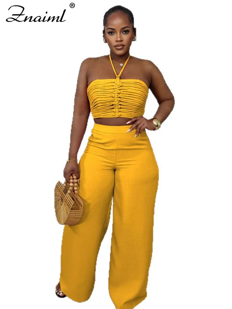 Znaiml Halter Sleeveless Ruched Crop Top and Wide Leg Pants 2 Piece Sets Woman Summer Sexy Beach Paarty Night Club Outfit 2025