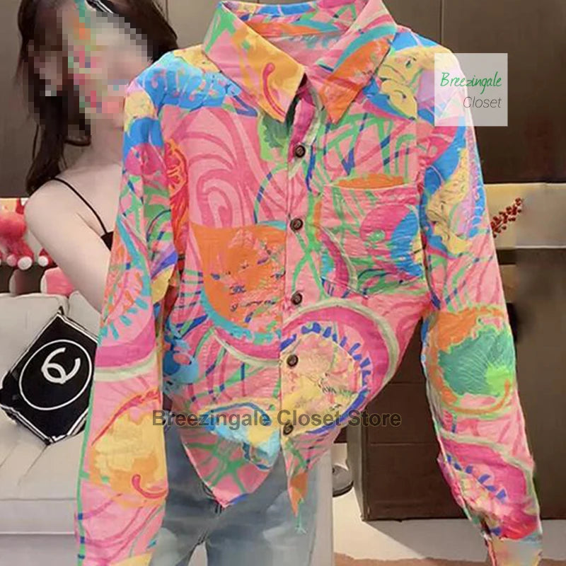 French fashion color printing long-sleeved shirt women's summer new fashion design sense temperament plus size loose Joker top.