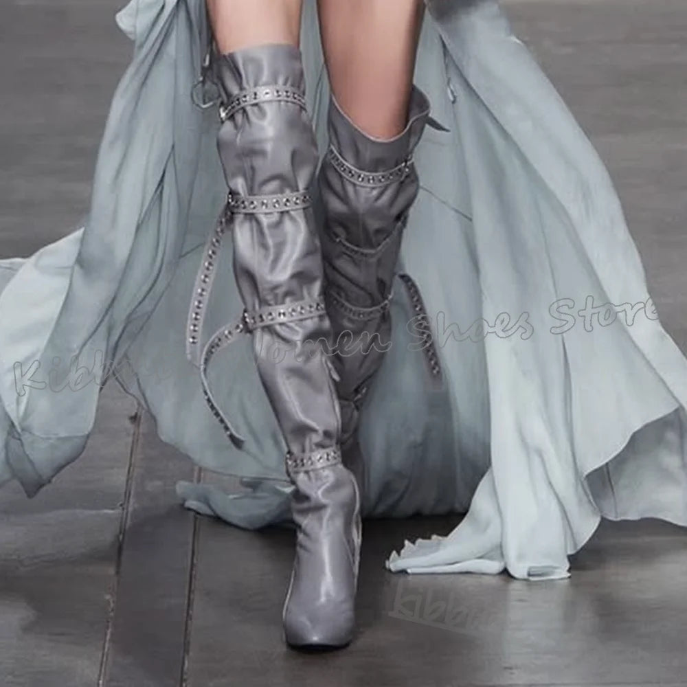 Above The Knee Boots Belt Buckle Pointed Toe Chunky Heels Solid Color Leather Fashion Luxury Elegant Concise Spicy Girls Shoes