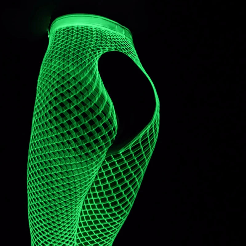 Woman Flash Luminous Fishnet Stockings Open Crotch Pantyhose Moving Mesh Leggings Tights Perspective Glow Dark Lingerie Gothic