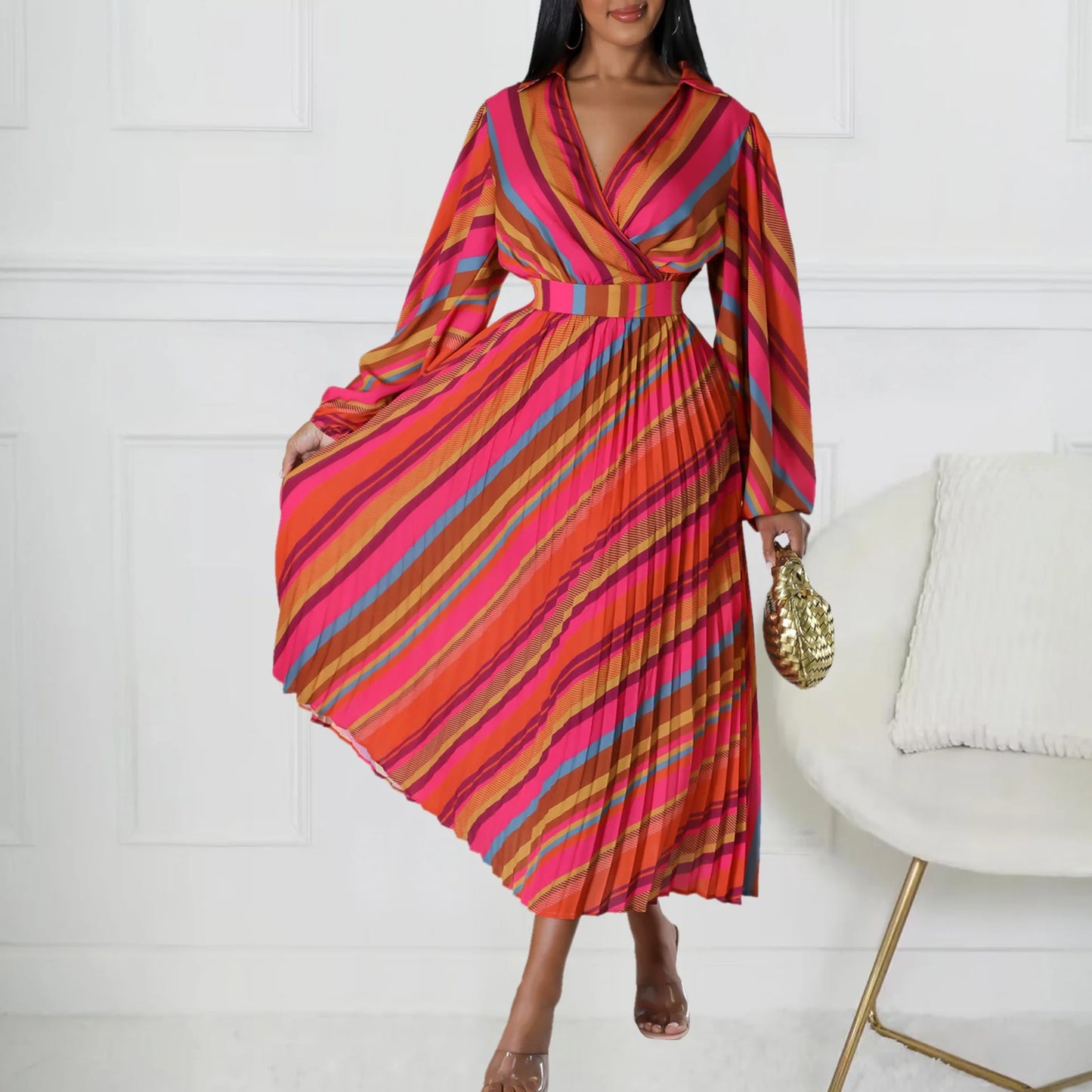 Elegant Office Dresses for Women Striped Printed V Neck Full Sleeve High Waisted Pleated Mid Calf Professional Work Dress Midi