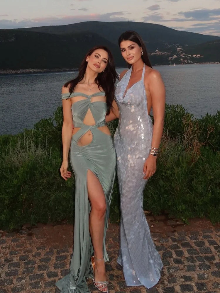 Chic Sequin Skinny Maxi Dress Swing Collar Backless Off Shoulder Lace Up Sparkling Vestidos For Women 2025 Summer Lady Y2k Robes