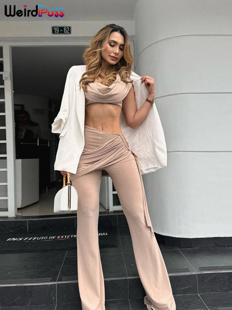Weird Puss Pleats Elegant 2 Piece Set Women Sexy Low Neck Sleeveless Crop Tops+Irregular Waist Tassel Straight pants Solid Suit