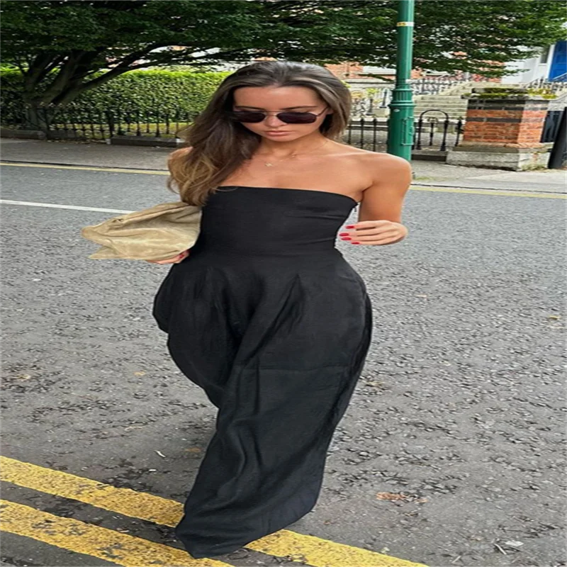 Sexy Backless Women's Jumpsuits Solid Off Shoulder Waist Cinching Pockets Wide Leg Pants Lady Bodysuit Summer Female Outwears