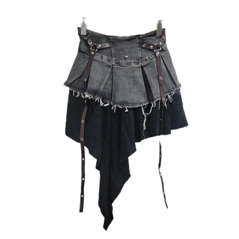 YEAE trendy fashion women's patchwork denim pleated skirt 2024 autumn new high waist strap design A-shaped skirt women