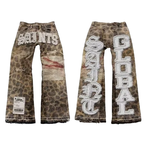 Gothic Men Women Vintage Leopard Jeans Y2K Clothes Hip Hop Letter Patchwork Embroidery Baggy Shorts Mid-rise Wide Leg Trousers