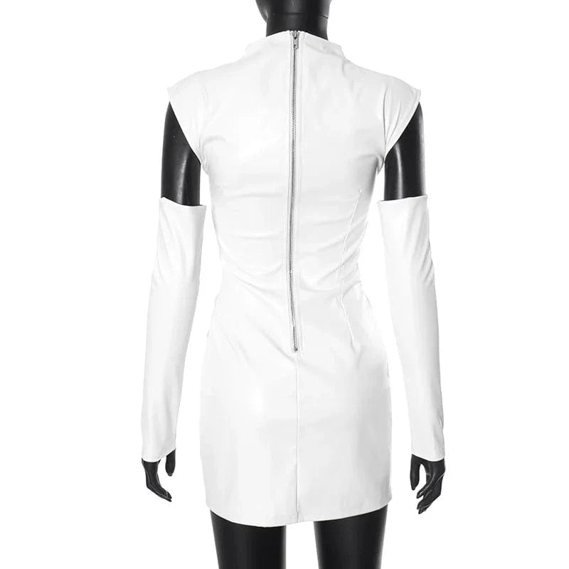 White PU Leather Bodycon Mini Dress for Women Elegant Sexy Turtleneck Sleeveless Party Dresses Spring Fashion Casual Dress 2025